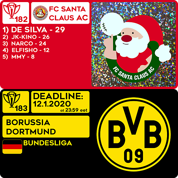 CRCW 182 RESULTS - FC SANTA CLAUS AC  |  CRCW 183 - BORUSSIA DORTMUND