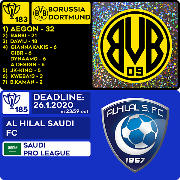 CRCW 183 RESULTS - BORUSSIA DORTMUND   |  CRCW 185 - AL HILAL SFC 