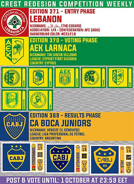 CRCW 371 - ENTRY PHASE - LEBANON  /  CRCW 370 - VOTING PHASE - AEK LARNACA  /  CRCW 369 - RESULTS PHASE - BOCA JUNIORS