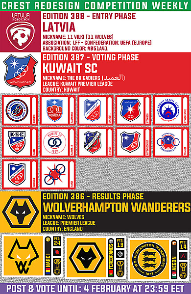 CRCW 388 - ENTRY PHASE - LATVIA / CRCW 387 - VOTING PHASE - KUWAIT SC / CRCW 386 - RESULTS PHASE - WOLVERHAMPTON WANDERERS