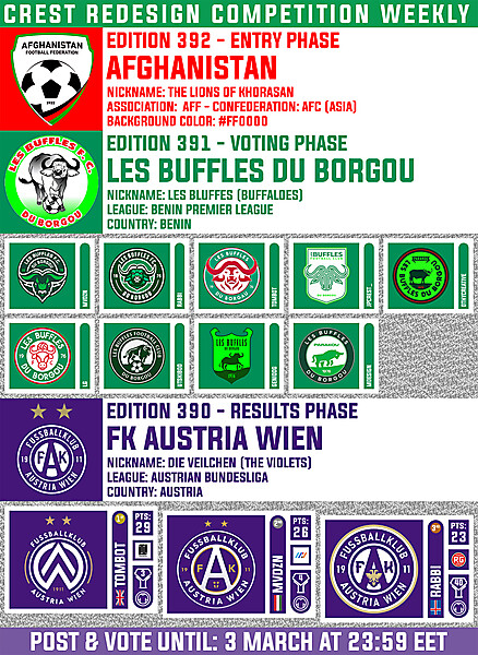 CRCW 392 - ENTRY PHASE - AFGHANISTAN / CRCW 391 - VOTING PHASE - LES BUFFLES DU BORGOU / CRCW 390 - RESULTS PHASE - FK AUSTRIA WIEN