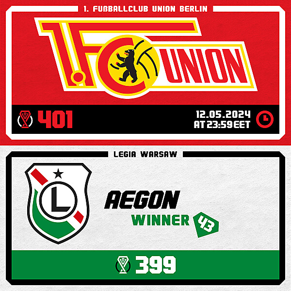 CRCW 401 - ENTRY PHASE - 1.FC UNION BERLIN / CRCW 399 - RESULTS PHASE - LEGIA WARSAW