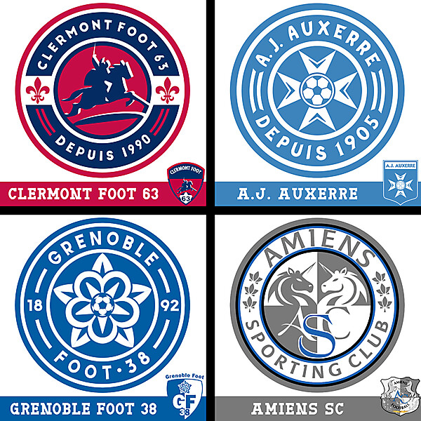 Four Ligue-2 clubs redesigns in one style: Clermont / Auxerre / Grenoble / Amiens