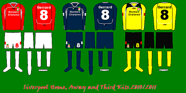 Liverpool Home, Away and Third Kits 2010/11 Lotto