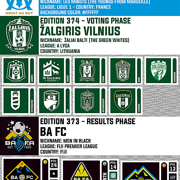 CRCW 375 - ENTRY PHASE - OLYMPIQUE DE MARSEILLE  /  CRCW 374 - VOTING PHASE - ŽALGIRIS VILNIUS  /  CRCW 373 - RESULTS PHASE - BA FC