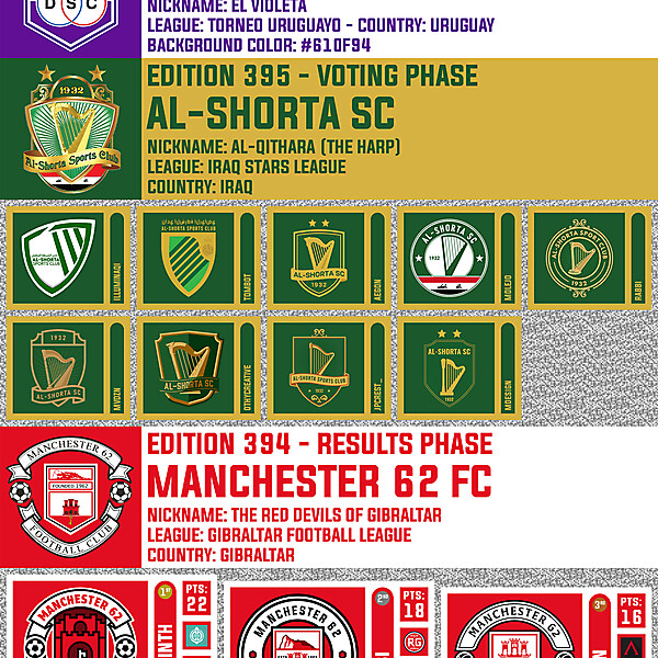 CRCW 396 - ENTRY PHASE - DEFENSOR SC / CRCW 395 - VOTING PHASE - AL-SHORTA SC / CRCW 394 - RESULTS PHASE - MANCHESTER 62 FC